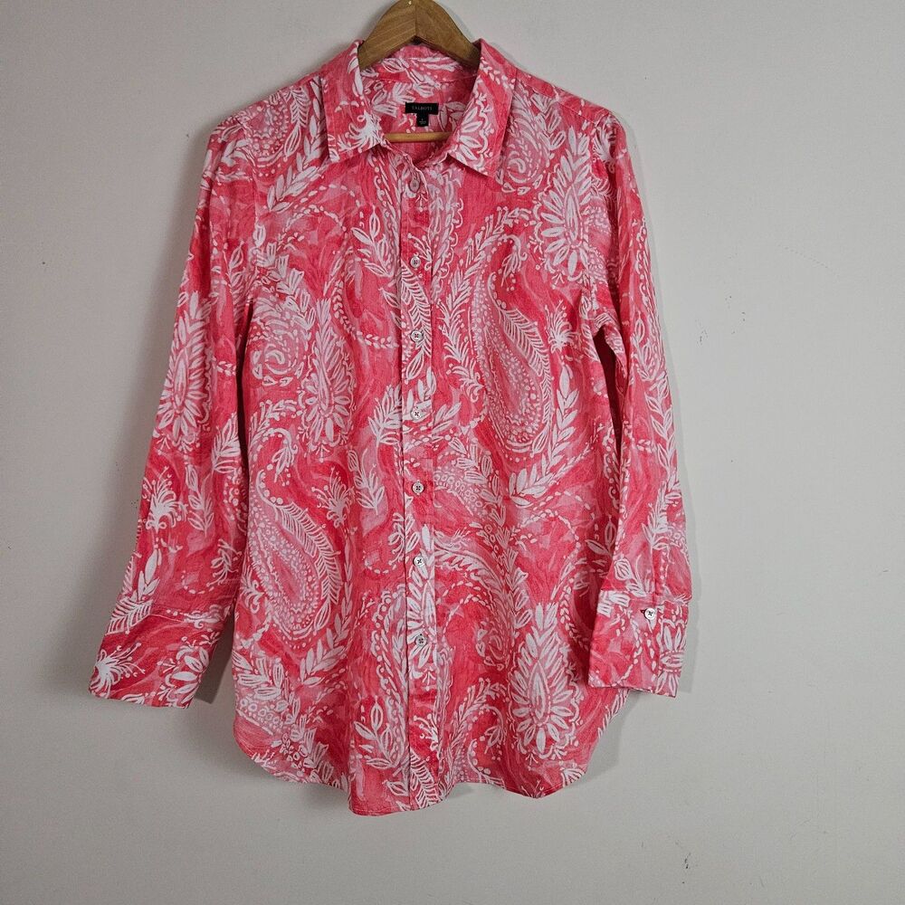 Talbots Women's Top Large Orange Linen Paisley Coastal Grandma Preppy Resortwear